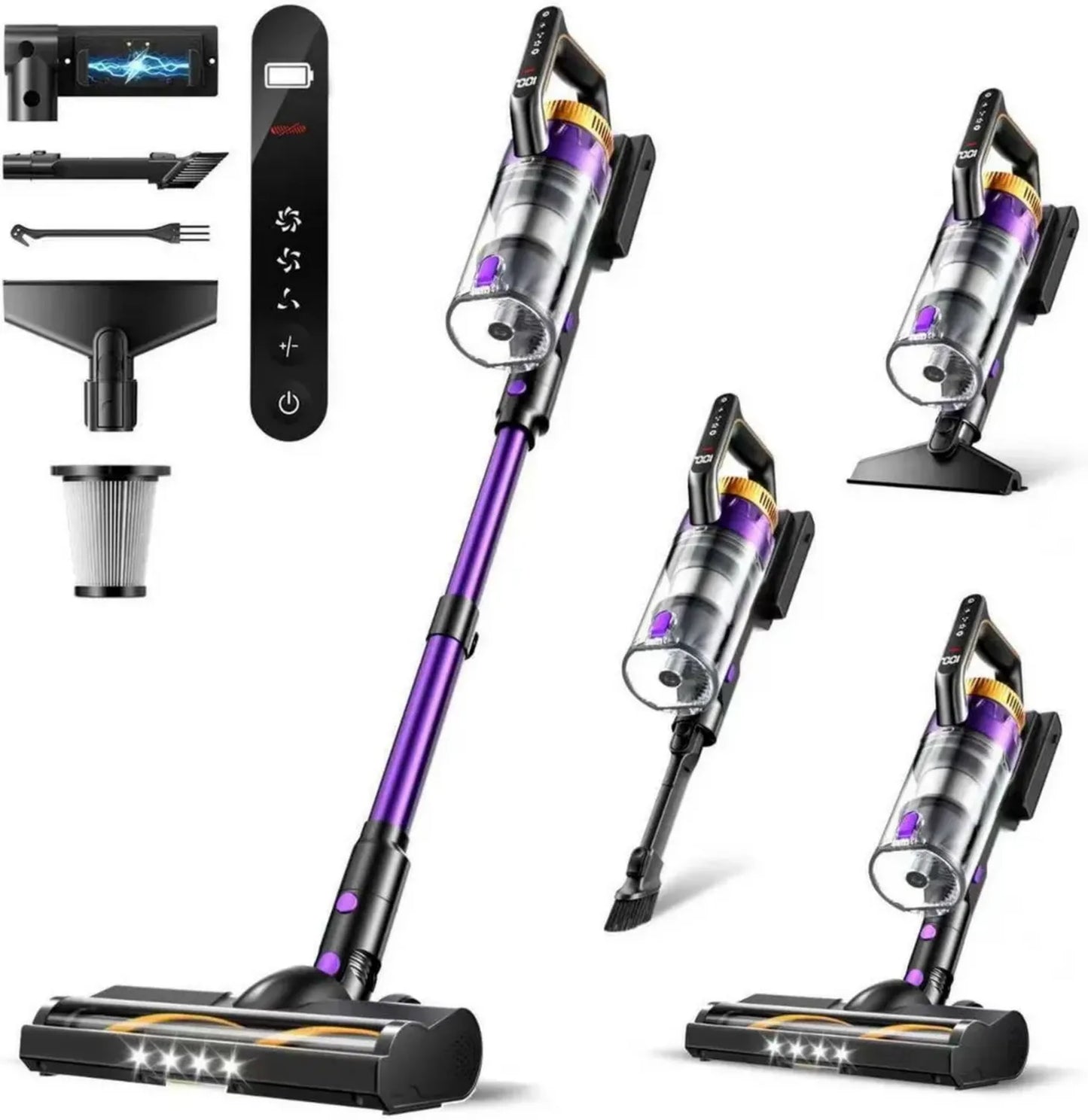Aspirateur Balai Sans Fil 580W, Haute Puissance 48kPa, Autonomie 65 Min, Léger avec Éclairage LED, Support Mural Inclus, Idéal pour Poils d'Animaux et Tapis